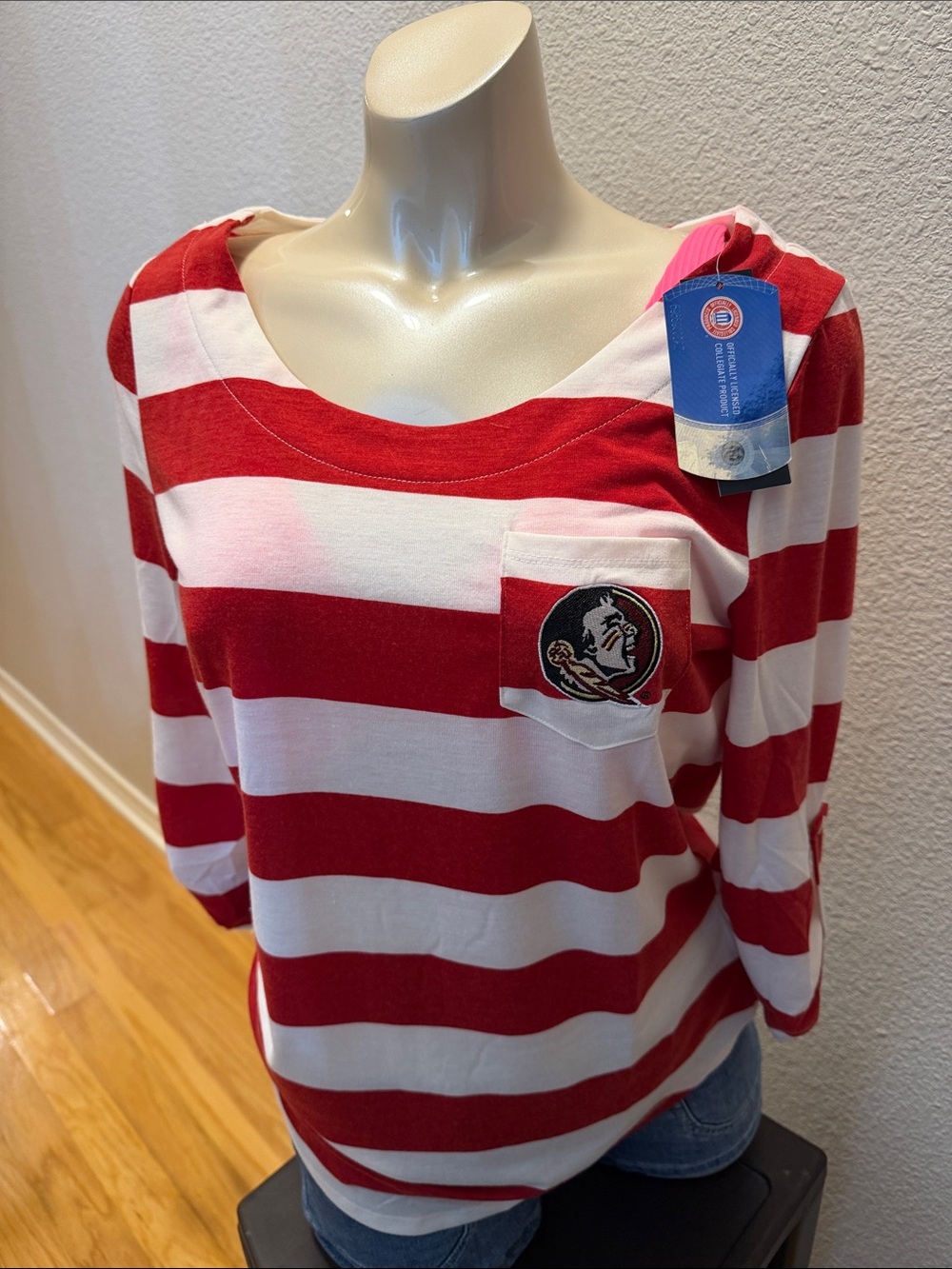 Women's Red and White Striped Long Sleeve Pocket Tee - Team Logo